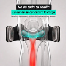 Diagrama anatómico que muestra cómo RecovTech Pro concentra el soporte en el tendón rotuliano, debajo de la rótula