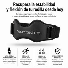RecovTech Pro, correa de soporte para rodilla, sobre fondo blanco con iconos de sus 4 beneficios principales