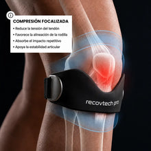 RecovTech Pro puesta sobre la rodilla mostrando la zona de compresión focalizada en el tendón rotuliano
